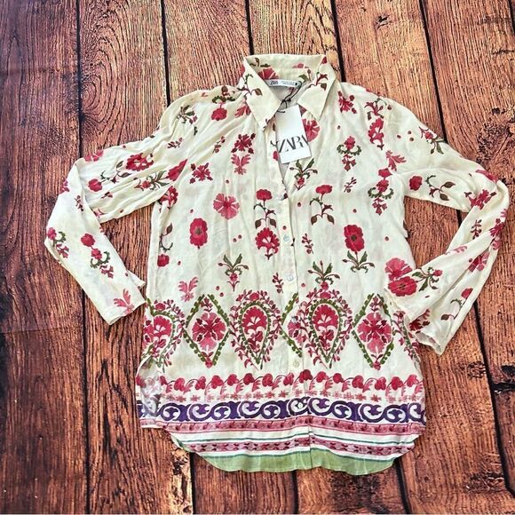 ZARA Women Floral Print Button Down Long Sleeve Shirt Cream Pink Green Size S - Picture 4 of 11